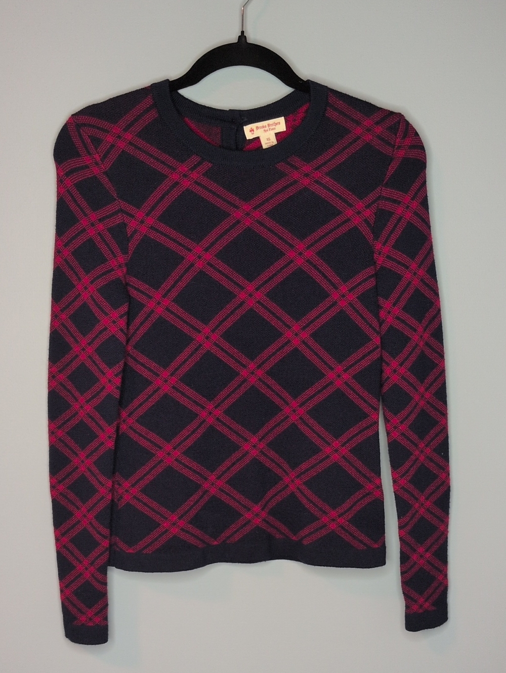 Brooks Brothers Merino Wool Navy & Red Plaid Crewneck Sweater Size XS Women's